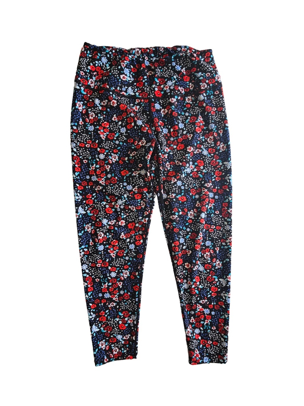 Women’s Large Floral Print Leggings - Black with Red & Blue Flowers